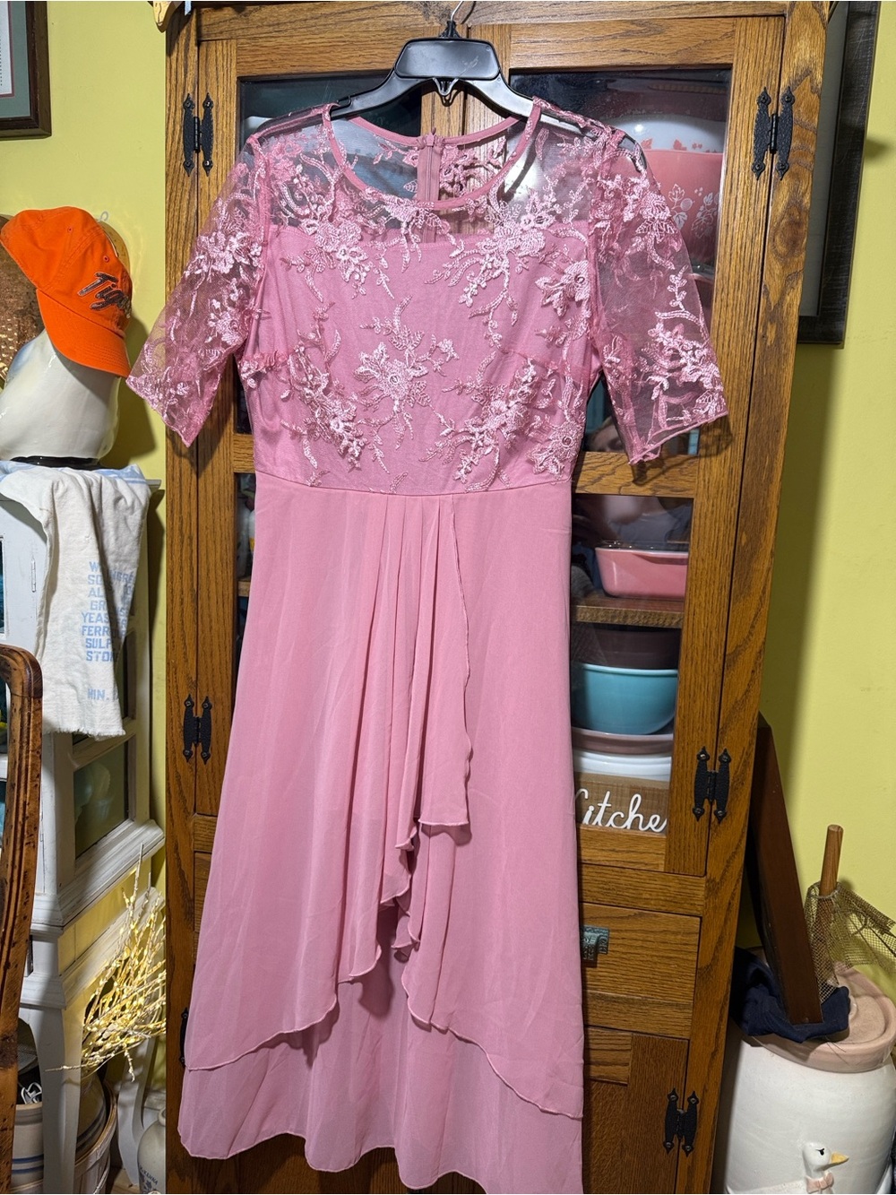 Elegant Pink Lace Overlay Midi Dress